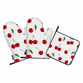 Samgula Red Cherry Oven Mitts and Pot Holders Sets Fruit Sweet Cartoon Heat Resistant 3pcs for Cooking Baking BBQ