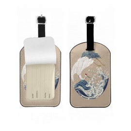 Zoczos Flying Crane Leather Travel Bag Labels Japanese Wave Art Asian Bird Luggage Tags for Men Women, Suitcase Baggage Bag Tag ID Tags with Full Back Privacy Cover, 1 Pack