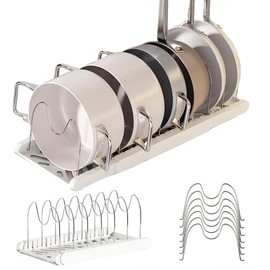 LICRUGU Pot Rack : Pots and Pans Organizer Under Cabinet 7 Adjustable Compartment Expandable Pot Lid Holder for Kitchen Cookware, Bakeware, Lid, Dishes, Cutting Boards,Apricot