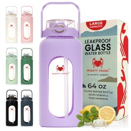 Leakproof 64 oz Glass Water Bottle - Borosilicate Large Glass Water Bottle with Straw, Silicone Sleeve and Time Markers, Half Gallon Jug, Suitable for Travel, Sports, Gym, and Daily Intake