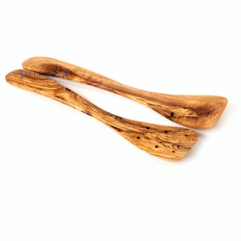Olive Wood 12" Spatual Set of 2, Wooden Kitchen Tools, Handcarved Utensils Set Including: Wooden Pierced Sptula, Wooden Spatula