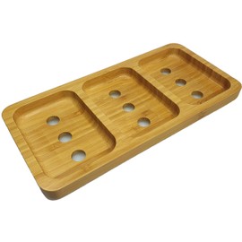 Elegant 3-compartment soap dish made of natural bamboo wood for bathroom/shower/kitchen with water drain and air supply from below for drying soaps, hygienic, non-slip
