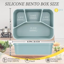LELE LIFE Leak-proof Silicone Lunch Box Bento Box, Silicone Lunch Container 4 Compartments for Adults, Bento Snack Box, Microwave & Dishwasher Safe, Dusty Blue