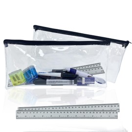 2 PCS Clear Pencil Case Large with 2 PCS 30cm Ruler, 32cm Clear Pencil Case for Exams, Black Zip Pencil Case Clear, See Through Pencil for School Office Travel, Large Exam Clear Pencil Case