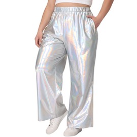 Agnes Orinda Plus Size Metallic High Waist Stretchy Jogger Pants for Women Holographic Hip Hop Streetwear 3X Silver