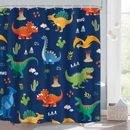 Mitpok Kids Dinosaur Shower Curtain 72Wx72H Blue Funny Dino Boys Navy Kid Cartoon Animal Cute Wildlife Lovely Fun Bathroom Decor Children Toddler Nursery Bath Curtain Fabric Polyester 12 Pack Hooks