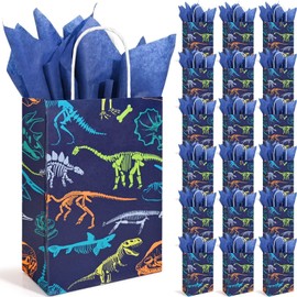 Sanixin 16 Sheets Dinosaur Party Paper Gift Bags with Dark Blue Tissue Paper Cartoon Dinosaur Party Favor Bags for Birthday Baby Shower Party Decor