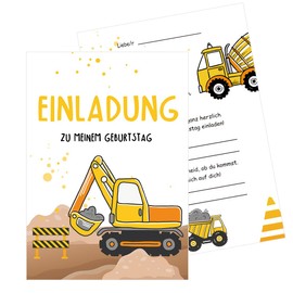Capaneus Pack of 12 Digger Invitation Cards Children's Birthday Party Invitations Boys Girls Invitation Digger Children's Birthday Party Invitations Digger Decoration Children's Birthday Party