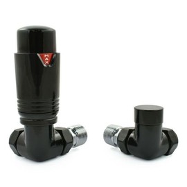 Hot Flow Full Black Estuary Corner TRV Thermostatic Radiator Valve (Pair) Includes Corner TRV Body, Wheel Head & Lock Shield for Quick & Easy Temperature Control. Perfect for Energy Saving.