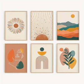 Umimiss Orange Wall Decor-6PCS Boho Sun Wall Art,Wall Art for Hallway And Stairs,Room Decor Aesthetic Bedroom,Mid Century Wall Decor,Preppy Room Decor,Minimalist Terracotta Mustard Pictures（No Frame）