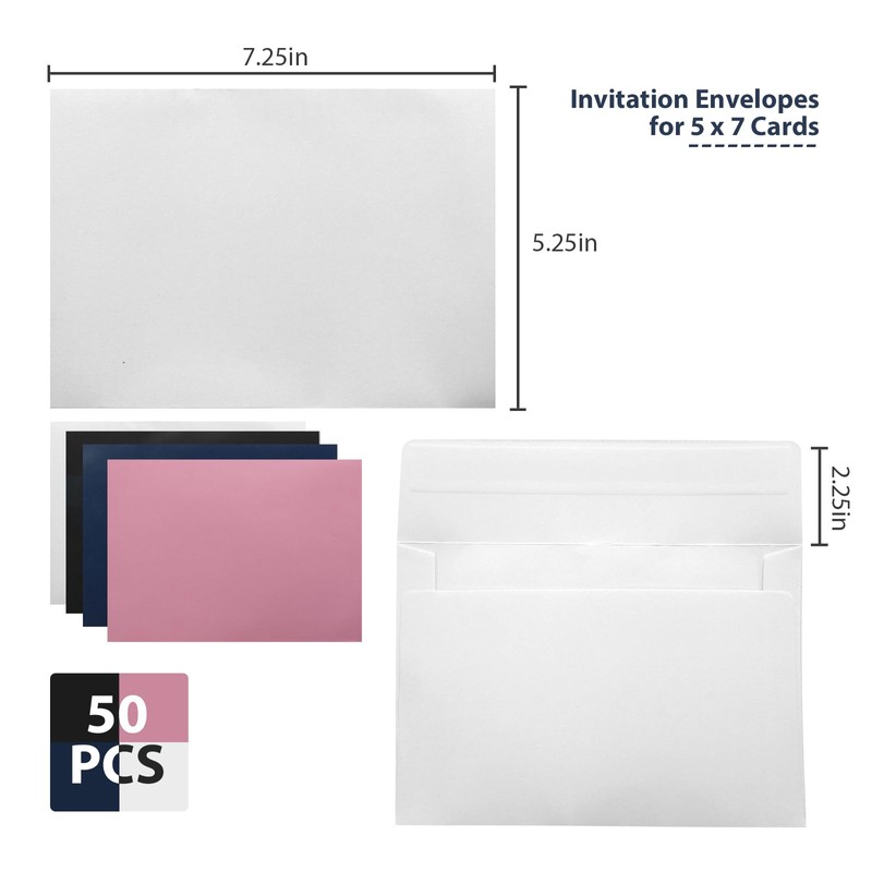 50 Pack White A7 & 5x7 Self-Sealing Envelopes for Invitations,