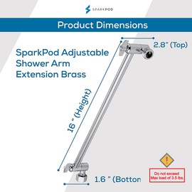 SparkPod 16" Solid Brass Shower Head Extension Arm - Flexible Height & Angle Adjustable Shower Arm Extension for Rain Showerheads with Sturdy Lock - Universal Pipe Connection (Luxury Polished Chrome)