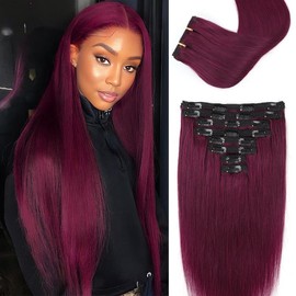 Clip in Hair Extensions Real Human Hair Clip ins 100% Brazilian Remy Human Hair Extension for Women 8pcs Per Set with 20 Clips Double Weft (18 Inch #99J Burgundy)