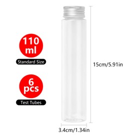 Yoodelife Test Tubes, 110ml Clear Flat Plastic Test Tubes Containers with Screw Caps, 34x150mm Tubes for Birthday Party Candy Sample Bead Bath Salt Storage Scientific Lab Experiments, Pack of 6