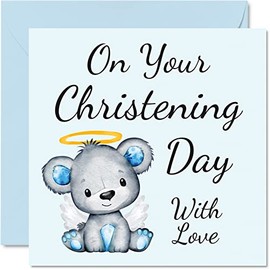 Christening Cards for Boys Him - On Your Christening Day - Congratulations Christening Card, First Communion Christening Gifts for Boys, 145mm x 145mm Christian Gifts Religious Greeting Cards