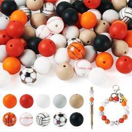 FASHEWELRY 80Pcs Round Silicone Focal Beads 15mm Sports Theme Basketball Football Volleyball Spacer Beads Silicone Sports Boll Beads for DIY Jewelry Bracelet Craft Pen Keychain Decoration