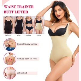 Gotoly Shapewear Bodysuit for Women Tummy Control Fajas Colombianas Waist Trainer Butt Lifter Panty Stomach Body Shaper (Beige, Medium-Large)