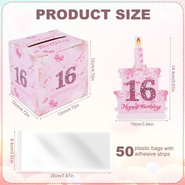 Happy Birthday Money Pull Box, Cute Pink Bow Design Cash Holder Gift Box for Cash Gift with 50pcs Transparent Bags Creative Birthday Gifts and Party Favors(16th)