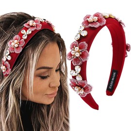 Coridy Red Wide Headbands for Holiday Soft Padded Hairbands Floral Head Bands Crystal Pearl Rhinestone Head Piece Daily Hair Bands