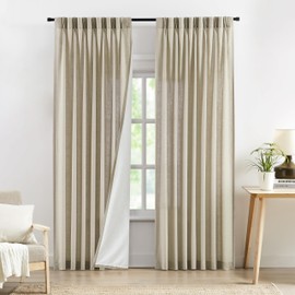 Central Park Sand Pinch Pleated Light Filtering Curtain Panel 90 Inches Linen Blended with Microfiber Liner Rustic Textured Window Drapes for Living Room Bedroom with Back Tabs Hooks, 40" L x90 W x2