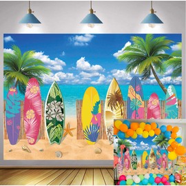 Summer Surfboard Beach Party Backdrop Tropical Hawaiian Seaside Surfs Up Photography Background Summer Beach Holiday Birthday Party Decorations 7x5FT