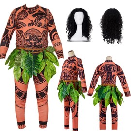 NRIION Tattoo T-Shirts Pants Adult Men's and Women's Cosplay Suits Clothing With Leaf Skirts(Brown/S(wig))