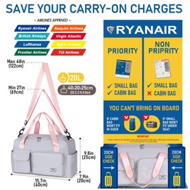 FIORETTO for Ryanair Airlines Cabin Bags 40x20x25 Underseat Travel Hand Luggage Carry on Bag Weekend Overnight Duffle Holdall Bag for Women and Men with Shoulder Strap Grey&Pink
