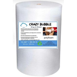 Rollo de Hule Espuma Acolchado Polyfoam de 20 mts de Largo por 30 cm de ancho para empaque, embalaje y envios. Incluye de regalo 5 etiquetas FRAGIL+1 Cinta Adhesiva Grande +1 Cutter