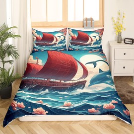 Dolphin Duvet Cover Set King Size,Sailboat Ocean Animals Bedding Set for Boys Girls,Japanese Ukiyo-e Cherry Blossom Romantic Comforter Cover,Nautical Adventure Quilt Cover,2 Pillowcases(No Filler)