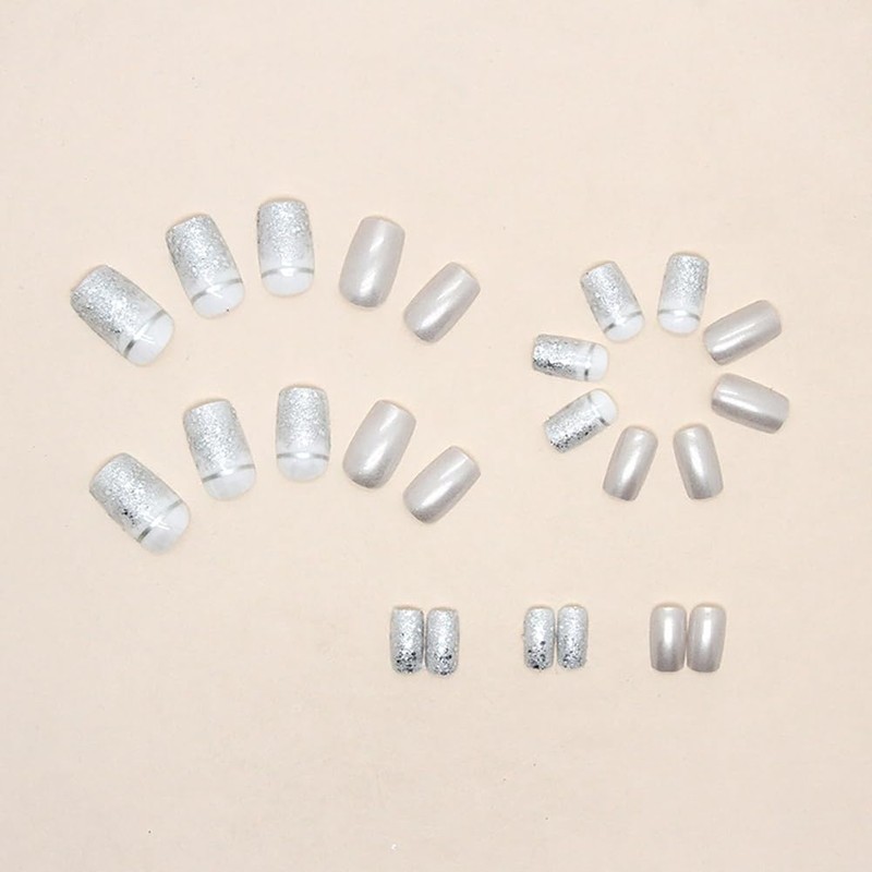 Clataly 24 Pcs Square Nail Silver Glitter Powder Fake Nails