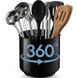 Cooler Kitchen Jumbo Extra Large Sturdy Rotating Black Utensil Holder Caddy with No-Tip Weighted Base, and Gripped Insert - Rust Proof and Dishwasher Safe Kitchen Utensils Holder
