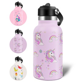 AMFUN Kids Stainless Steel Water Bottle, 350ml Kids Insulated Water Bottle, Upgraded Leak Proof Lid With Straw & Handle for Boys Girls Toddler Hot Cold Drinks (Unicorn)