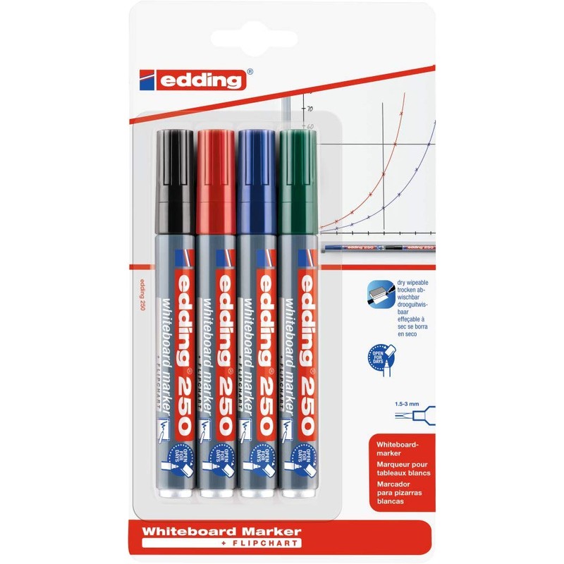 edding 250 Whiteboard Markers - Bright Colours - 4 Whiteboard