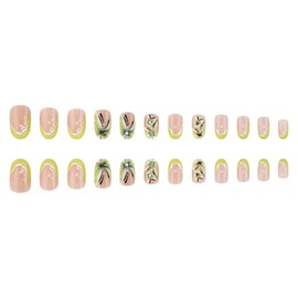 MERVF Medium Press on Nails Round Fake Nails Light Green French Tip Glue on Nails Rhinestones Press ons Butterfly Design Oval Spring Acrylic False Nails for Women Glossy 24pcs