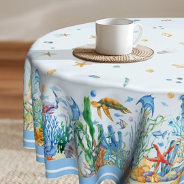 Imiss Nautical Round Table Cloth Coral Starfish Seashell Circle Tablecloth Wrinkle Resistant Washable Table Cover 60 Inch for Kitchen Dining Room Party Picnic