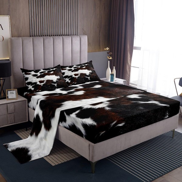 jejeloiu Cow Fur Print Sheet Set King Size Cowhide Print