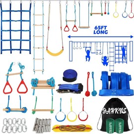 Ninja Warrior Obstacle Course Kids - 2 x 65ft Double Slacklines -Plenty of Exciting Obstacle Net Net Rope Ladder Monkey Bars - Ninja Course for Kids Outside, Kids Obstacle Course Backyard - SIZE: 65FT (single cord version)