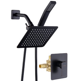 All Metal Shower Faucet Set, Dual Square Shower Head System with Handheld Wand & Rainfall Showerhead, Diverter, Hose Complete Combo, Pressure Balance Rough-in Valve Included