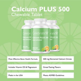 Celebrate Vitamins Calcium Plus - 500mg Calcium Citrate, 333 IU Vitamin D3 & 34mg Magnesium for Post Bariatric Surgery - Gluten-Free & Sugar-Free - Mixed Fruit, 270 Chewable Tablets