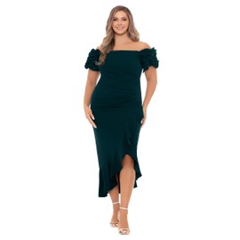 Xscape Women's Off The Shoulder Ruffle Sleeve Midi Wedding Guest Cocktail Dress, Pine, 18