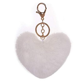 Xsclpomddy Artificial Rabbit Hair Fluffy Love Heart Pom Pom Keyring Bags Suitcase Backpacks Accessories Charm Car Key Ring for Girls, White