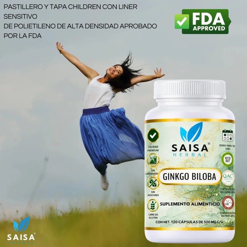 Ginkgo Biloba 120 Cápsulas Suplemento Alimenticio 100 Puro Saisa Herbal