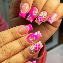 24Pcs Valentines Press on Nails Grid Love Heart Acrylic Fake Nails Glossy Red French Tips Medium Square False Nails Flower Stick on Nails Romantic Gift Gel Glue on Nails for Coquette Women Girls