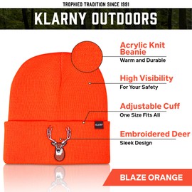Klarny Blaze Orange Deer Hunting Hat - High Visibility Beanie, Comfortable, Stretchy Knit Hunter Hat - Deer & Bow Hunting Gear, Safety Accessories for Men, Women & Kids - One Size