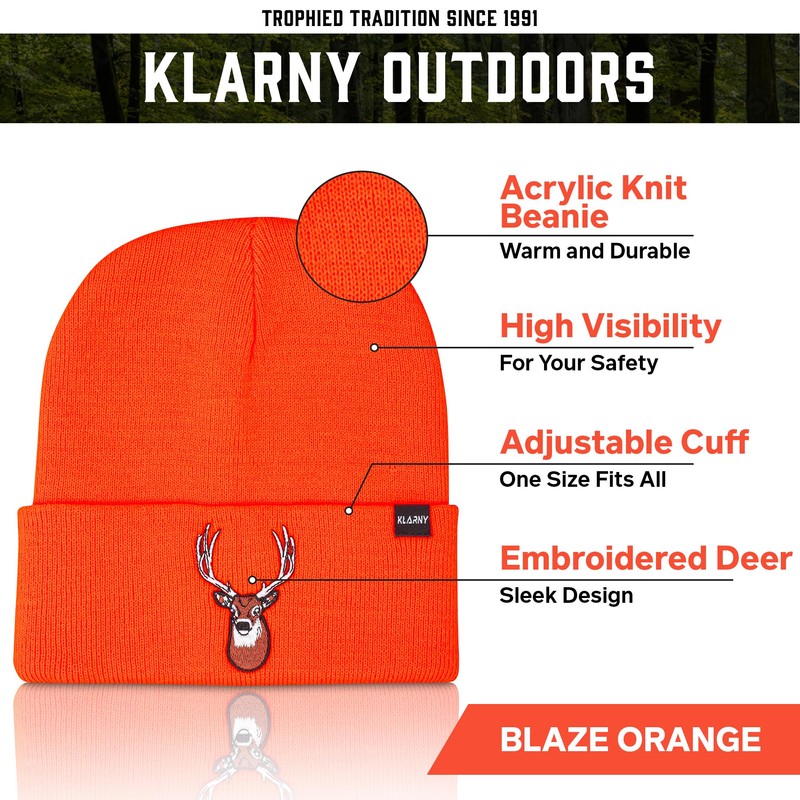 Klarny Blaze Orange Deer Hunting Hat - High Visibility Beanie,