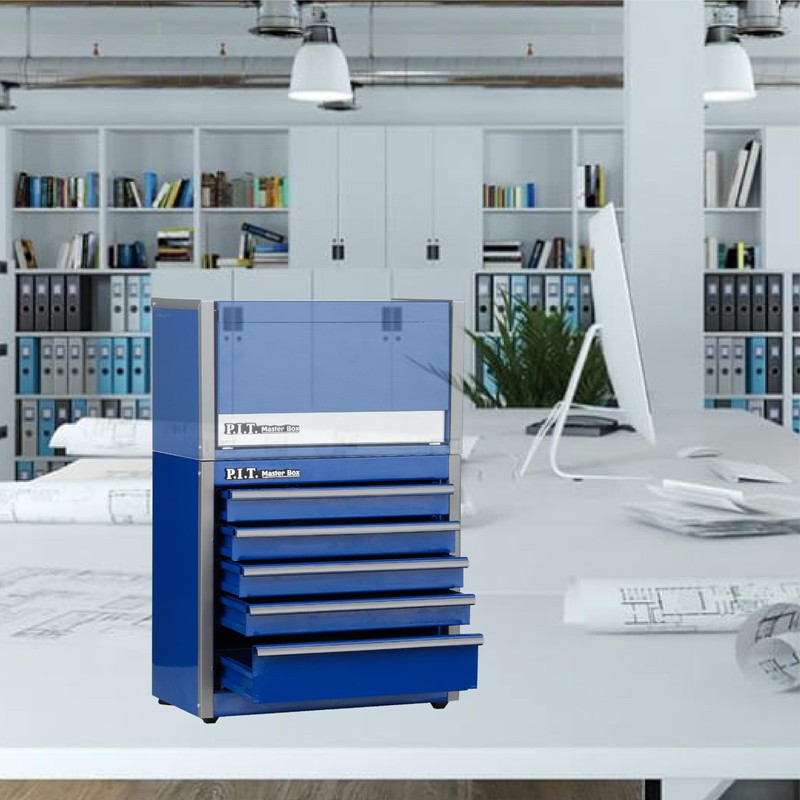 P.I.T. Mini Blue Tool Box, Portable 5-Drawer Micro Roll Cab