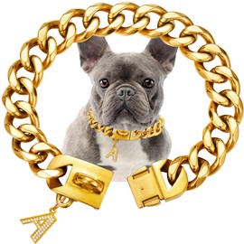 Heavy Duty Gold Dog Chain Collar with Pendant Set 23mm Wide Solid Cuban Link Chains Strong Stainless Steel Chew Proof Collars for Pitbull Large Dog(Gold,16IN)