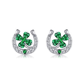 Four Leaf Clover Earrings S925 Sterling Silver Horseshoe Four Leaf Clover Stud Earrings Green Four Leaf Clover Lucky Jewelry for Women