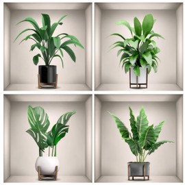 Graplan Pack of 4 3D Wall Stickers, Vase Wall Stickers, 3D Vase Wall Stickers, Wall Stickers Plants, Green Plant Wall Stickers, Plant Flowers Wall Pictures for Living Room, Bedroom, Bathroom, Kitchen,