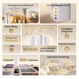 Tenda BE3600 Dual Band WiFi 7 Mesh Wi-Fi System 3*Full Gigabit Ports|Supports 160+ Devices|Seamless Roaming|VPN,MLO,4K QAM,Internet Backhaul - ME3 Pro (1-Pack)